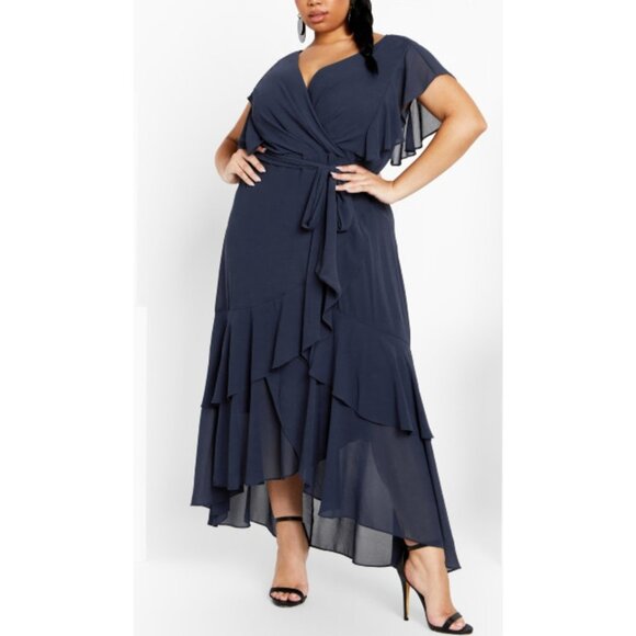 City Chic Tiered Ruffle Midi Dress Navy Blue Womens XXL Plus Size - Picture 1 of 8